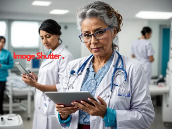 Portrait of beautiful mature girl doctor holding digital tablet and looking at camera